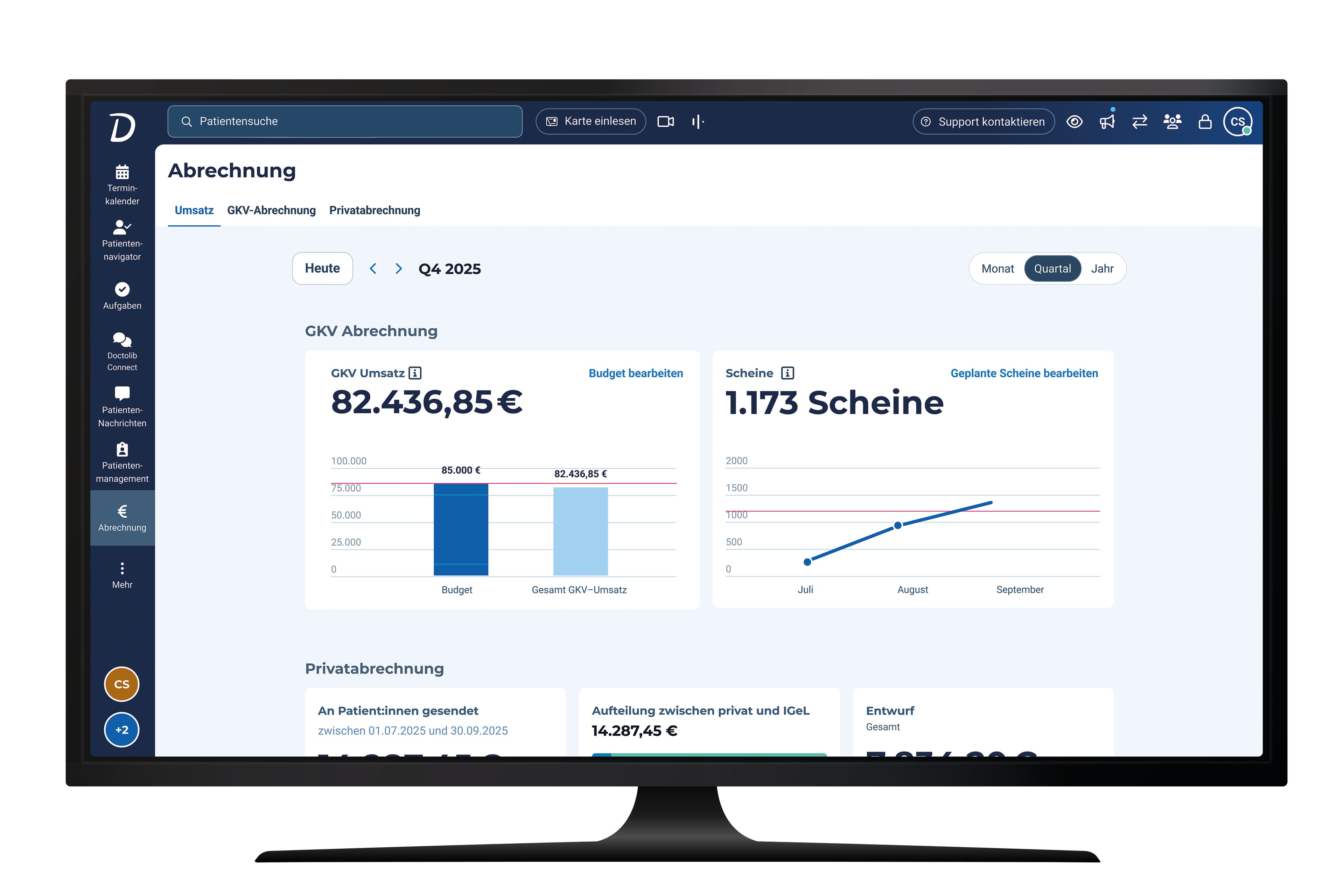 Doctolib-Abrechnungsübersicht mit GKV- und Privatabrechnung